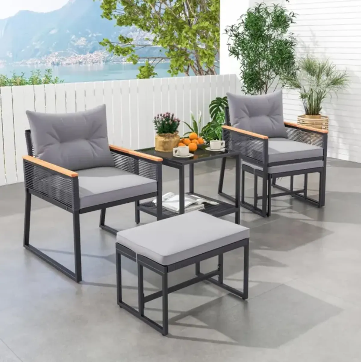 Hivvago 5 Piece Outdoor Rattan Conversation Set with 2-Layer Side Table and 2 Ottomans