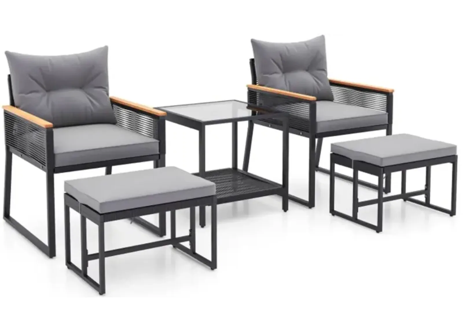 Hivvago 5 Piece Outdoor Rattan Conversation Set with 2-Layer Side Table and 2 Ottomans