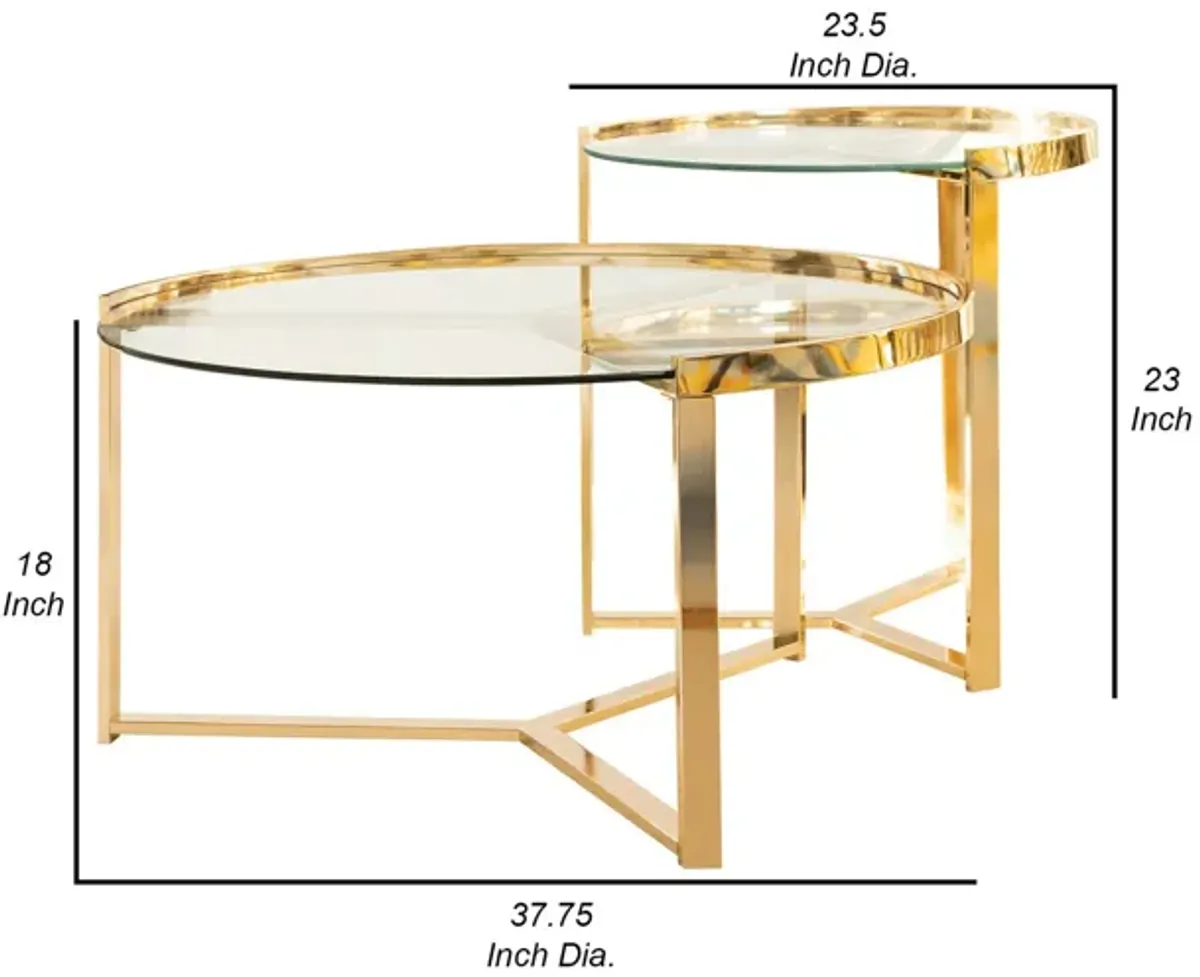 23 Inch Round Nesting Accent Tables, Glass Top, Metal Base, Set of 2, Gold-Benzara