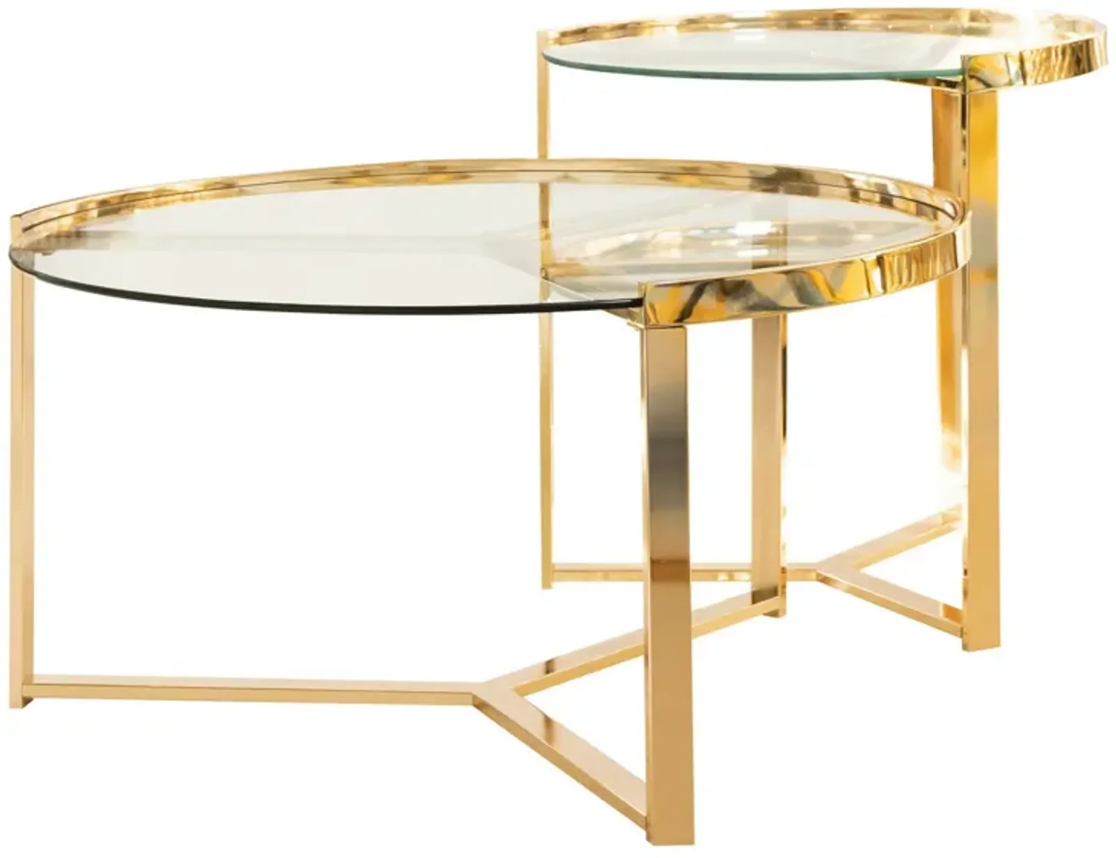 23 Inch Round Nesting Accent Tables, Glass Top, Metal Base, Set of 2, Gold-Benzara