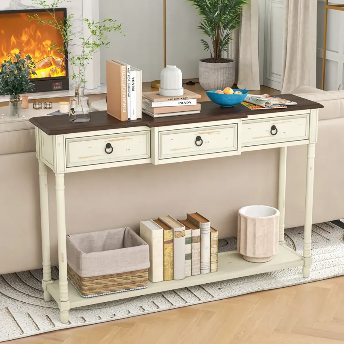 52 Inch Farmhouse Console Table with 3 Drawers and Open Storage Shelf for Hallway