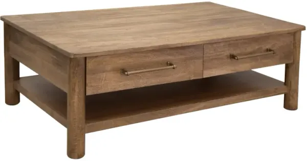 Benjara Olum 50 Inch Cocktail Coffee Table, Drawers, Lower Shelf, Mango Wood, Brown and Gold