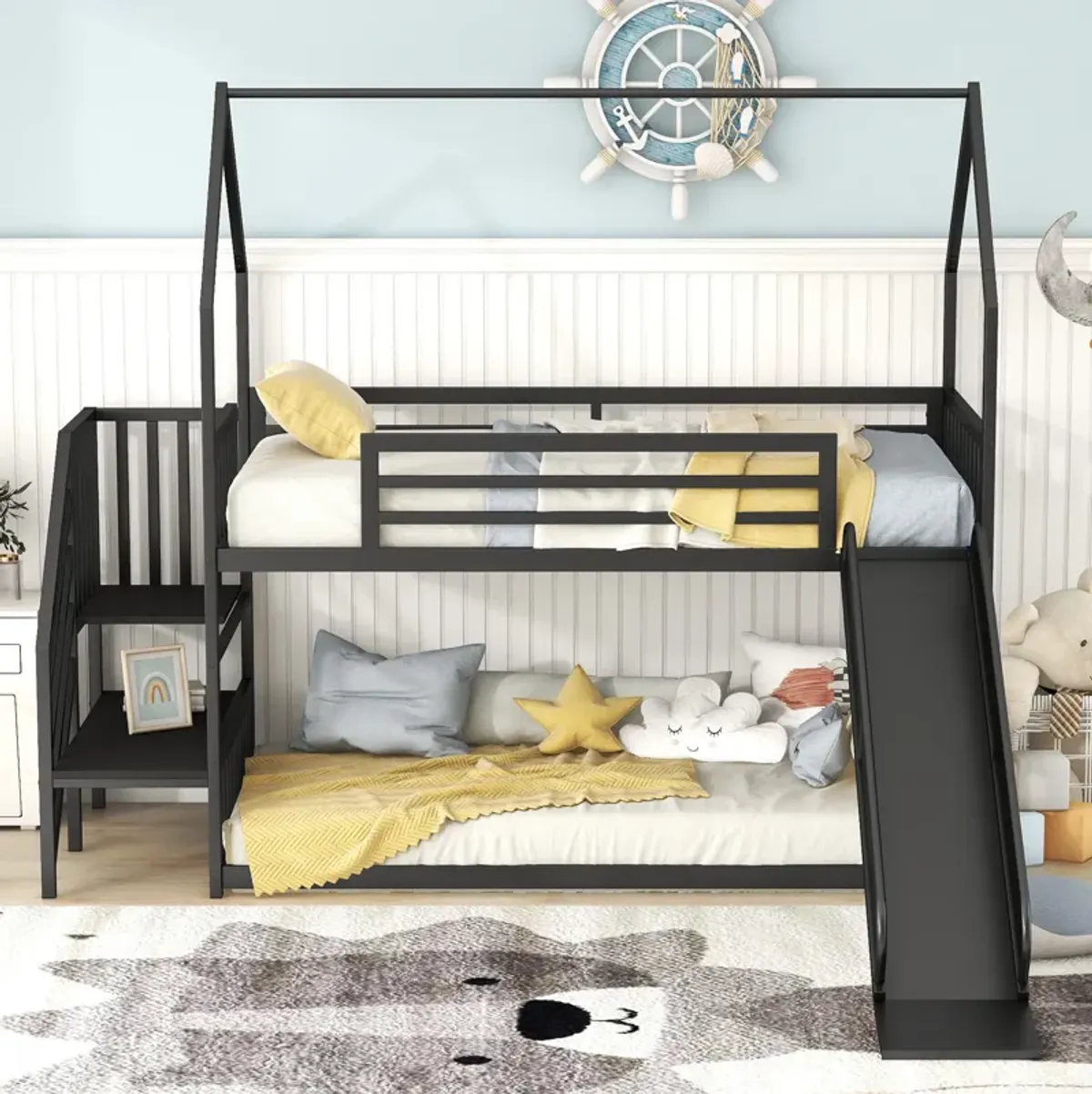 Whisen Twin Size House-shaped Metal Bunk Bed with Slide and Staircase - Black