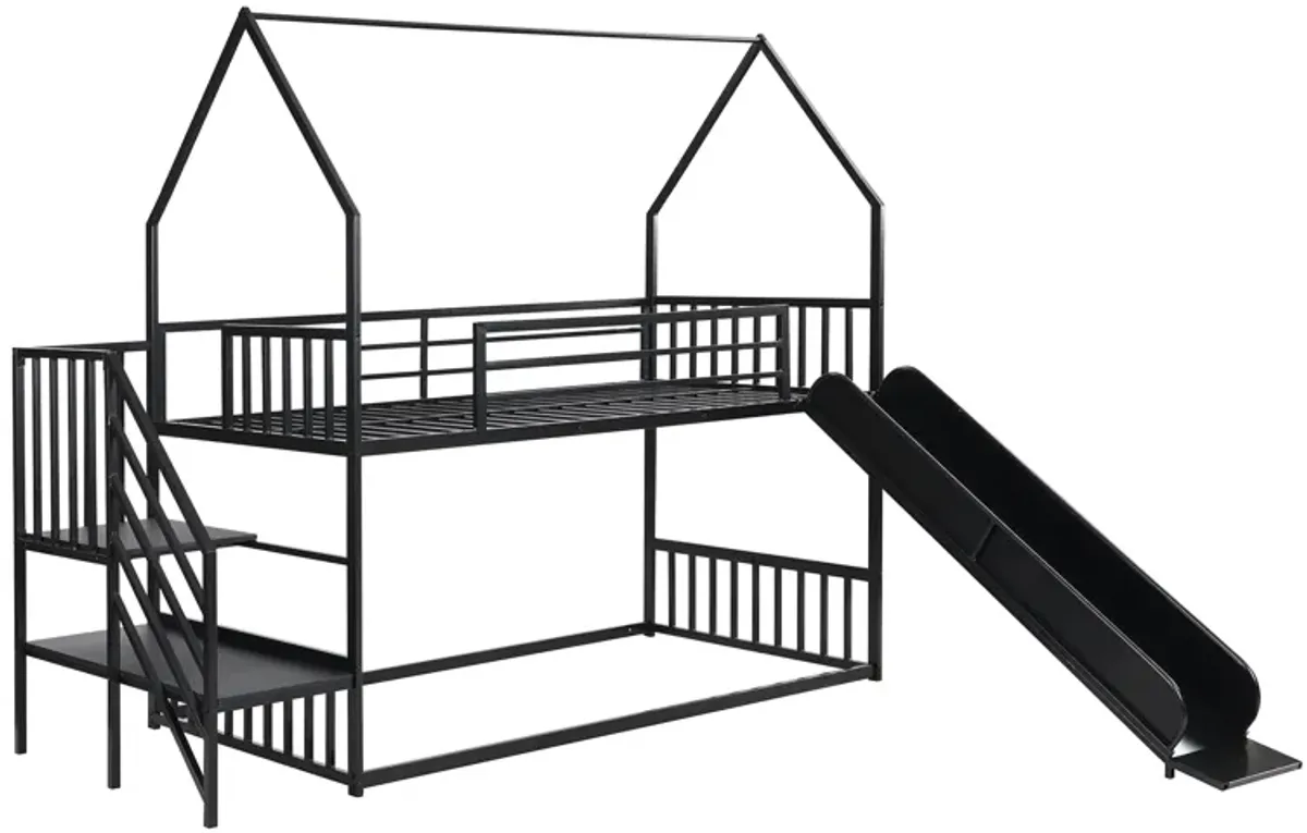 Whisen Twin Size House-shaped Metal Bunk Bed with Slide and Staircase - Black