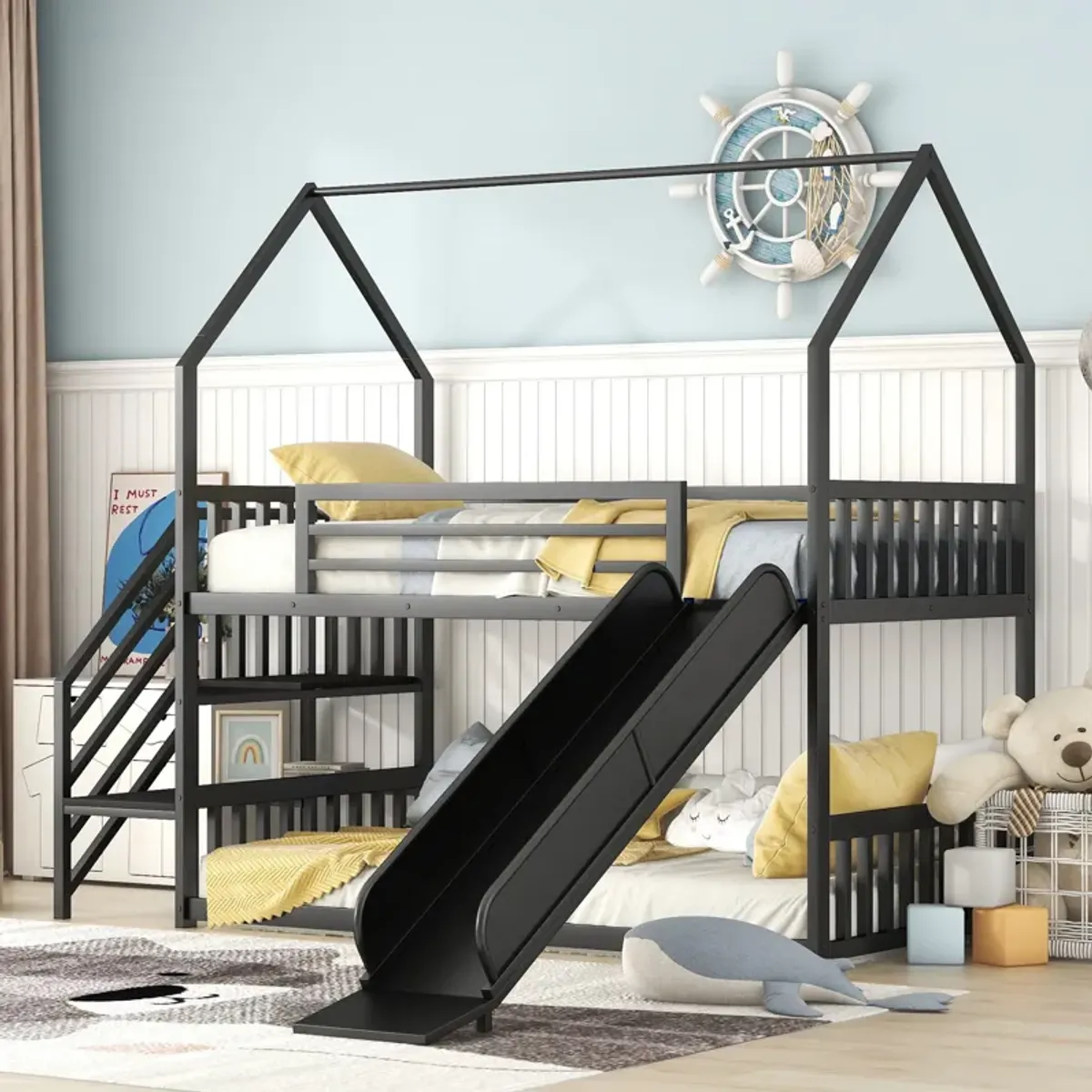 Whisen Twin Size House-shaped Metal Bunk Bed with Slide and Staircase - Black