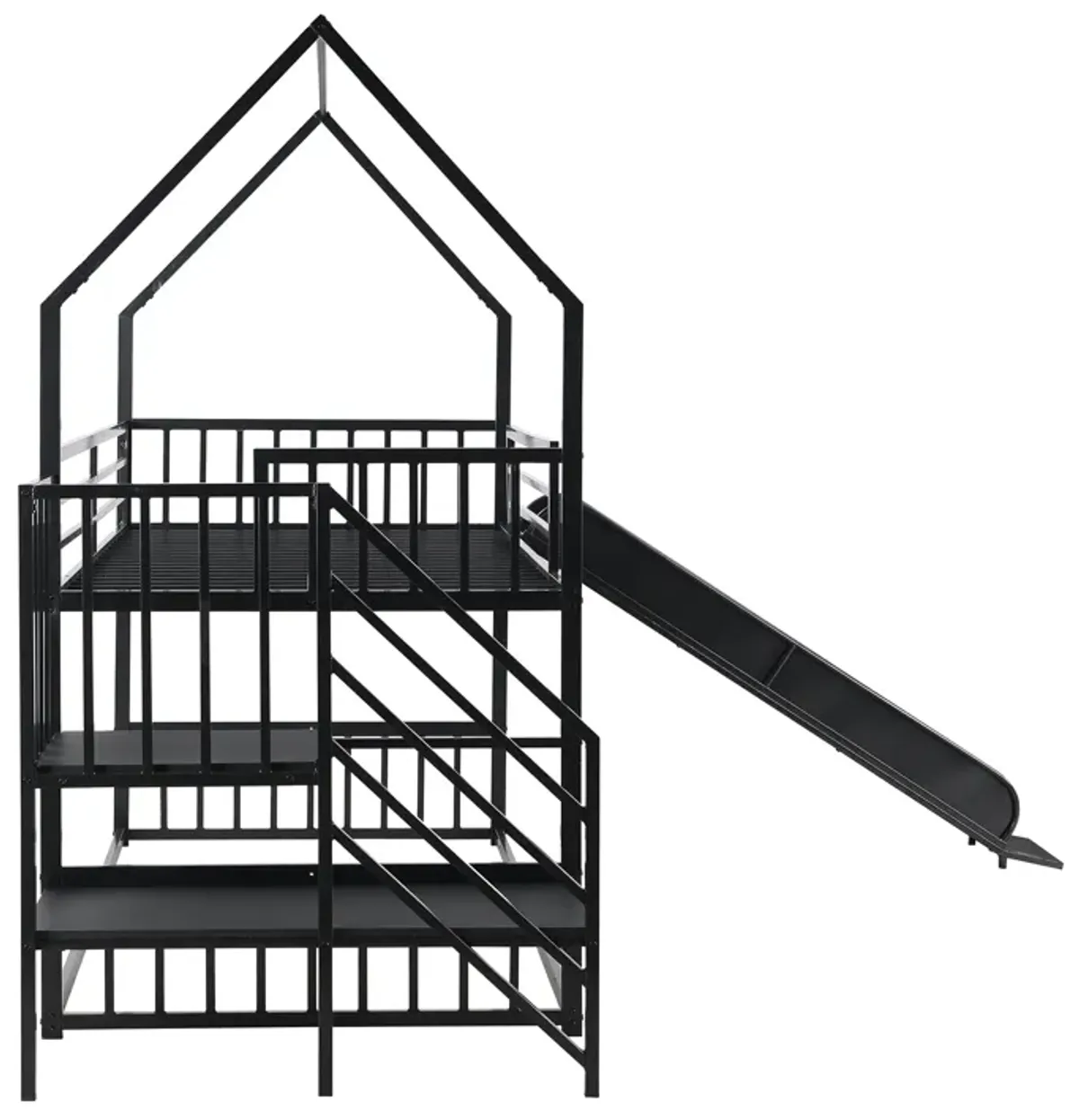 Whisen Twin Size House-shaped Metal Bunk Bed with Slide and Staircase - Black