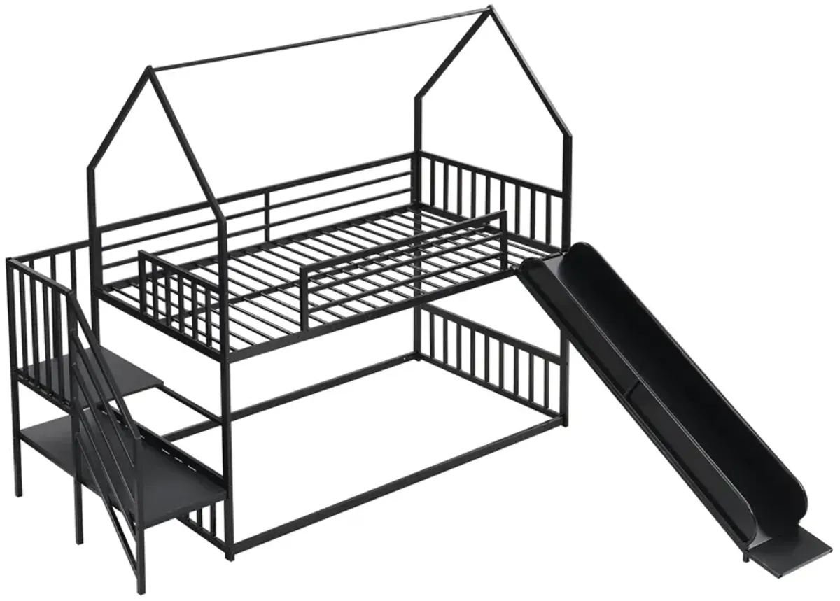 Whisen Twin Size House-shaped Metal Bunk Bed with Slide and Staircase - Black