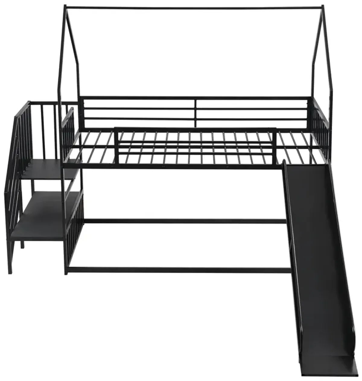 Whisen Twin Size House-shaped Metal Bunk Bed with Slide and Staircase - Black