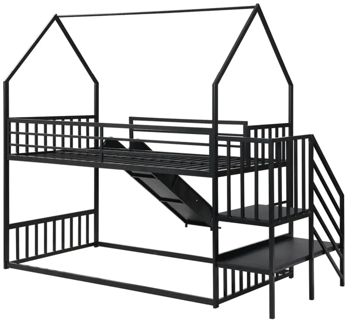 Whisen Twin Size House-shaped Metal Bunk Bed with Slide and Staircase - Black