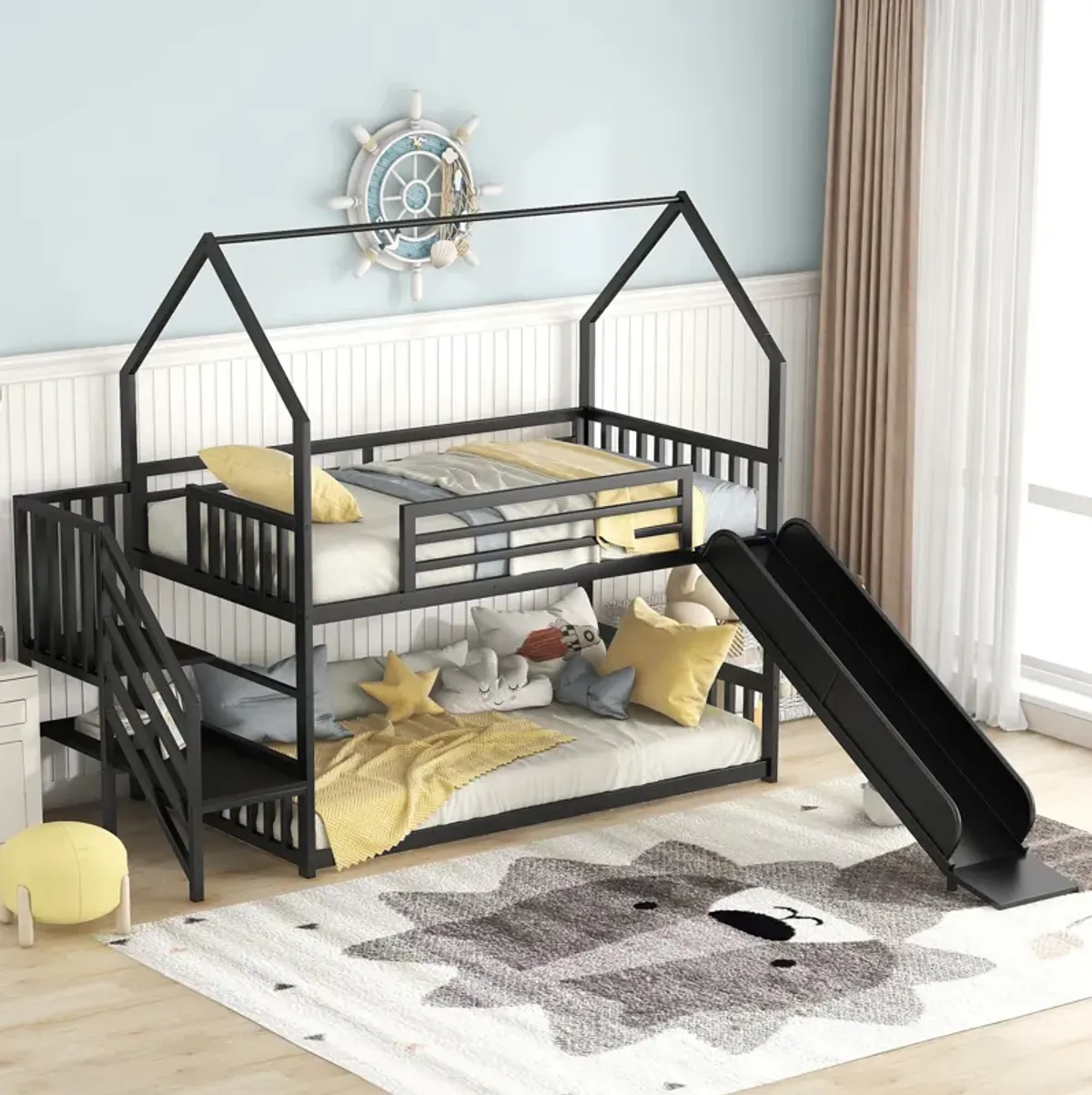 Whisen Twin Size House-shaped Metal Bunk Bed with Slide and Staircase - Black