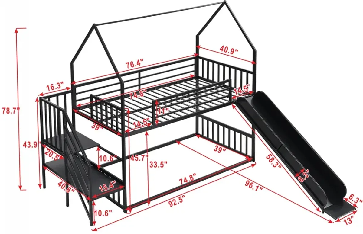 Whisen Twin Size House-shaped Metal Bunk Bed with Slide and Staircase - Black
