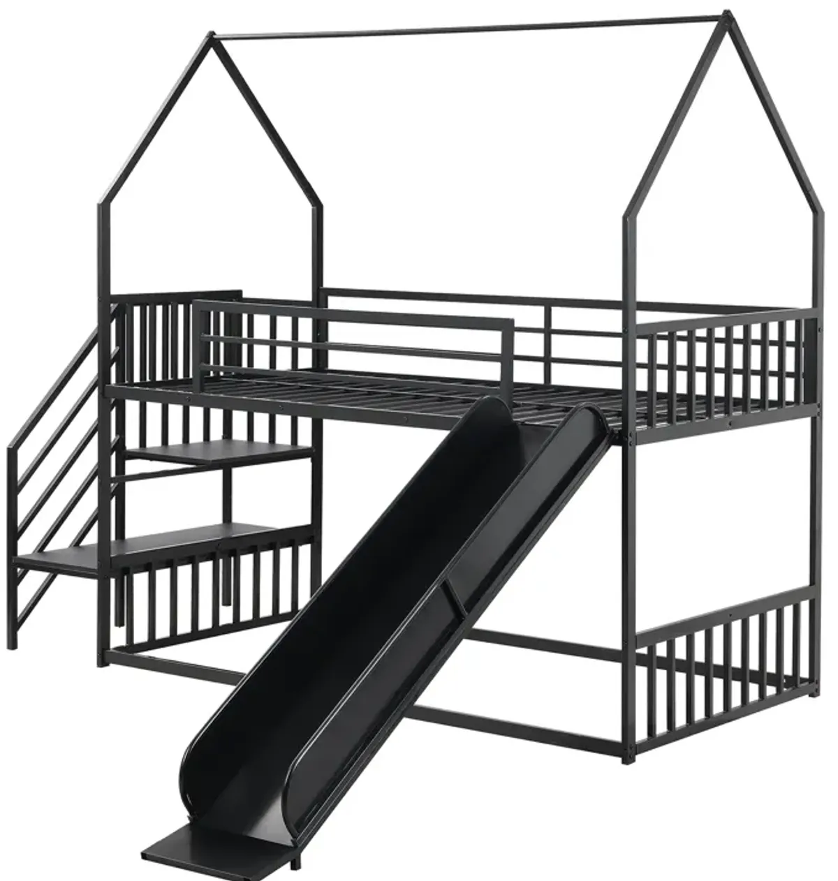 Whisen Twin Size House-shaped Metal Bunk Bed with Slide and Staircase - Black