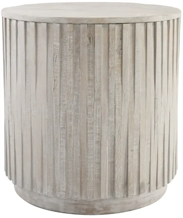 Mai 24 Inch Round End Table, Solid Wood, Fluted Design, Antique White-Benzara
