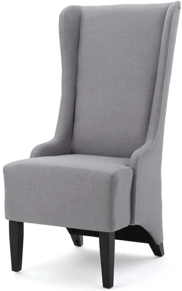 Becca Dining Chair, High Wingback Brown Birch Wood, Light Gray Fabric - Benzara