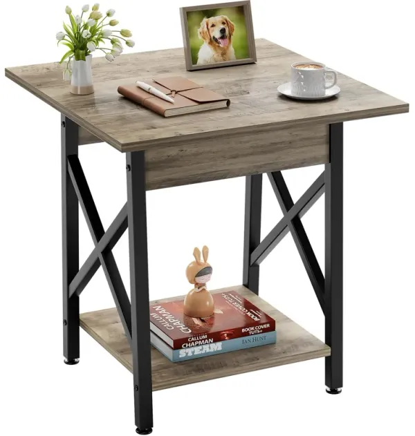 GreenForest End Table Large 24 inch Farmhouse Industrial Design Side Table Nightstand with Storage Shelf for Living Room, Easy A