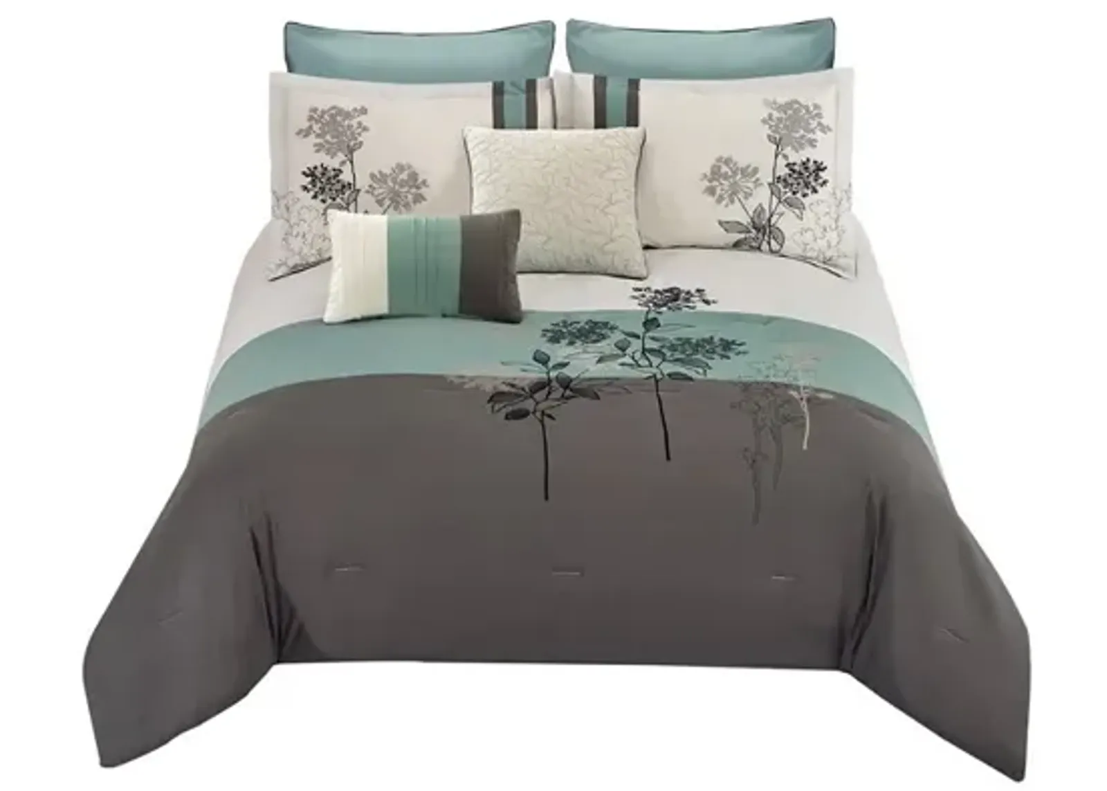 8 Piece Queen Polyester Comforter Set with Floral Embroidery, Multicolor - Benzara