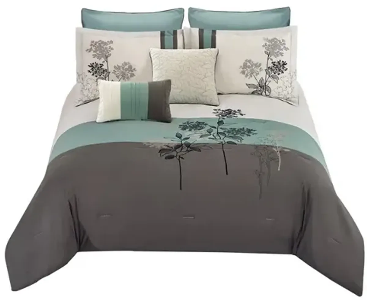 8 Piece Queen Polyester Comforter Set with Floral Embroidery, Multicolor - Benzara