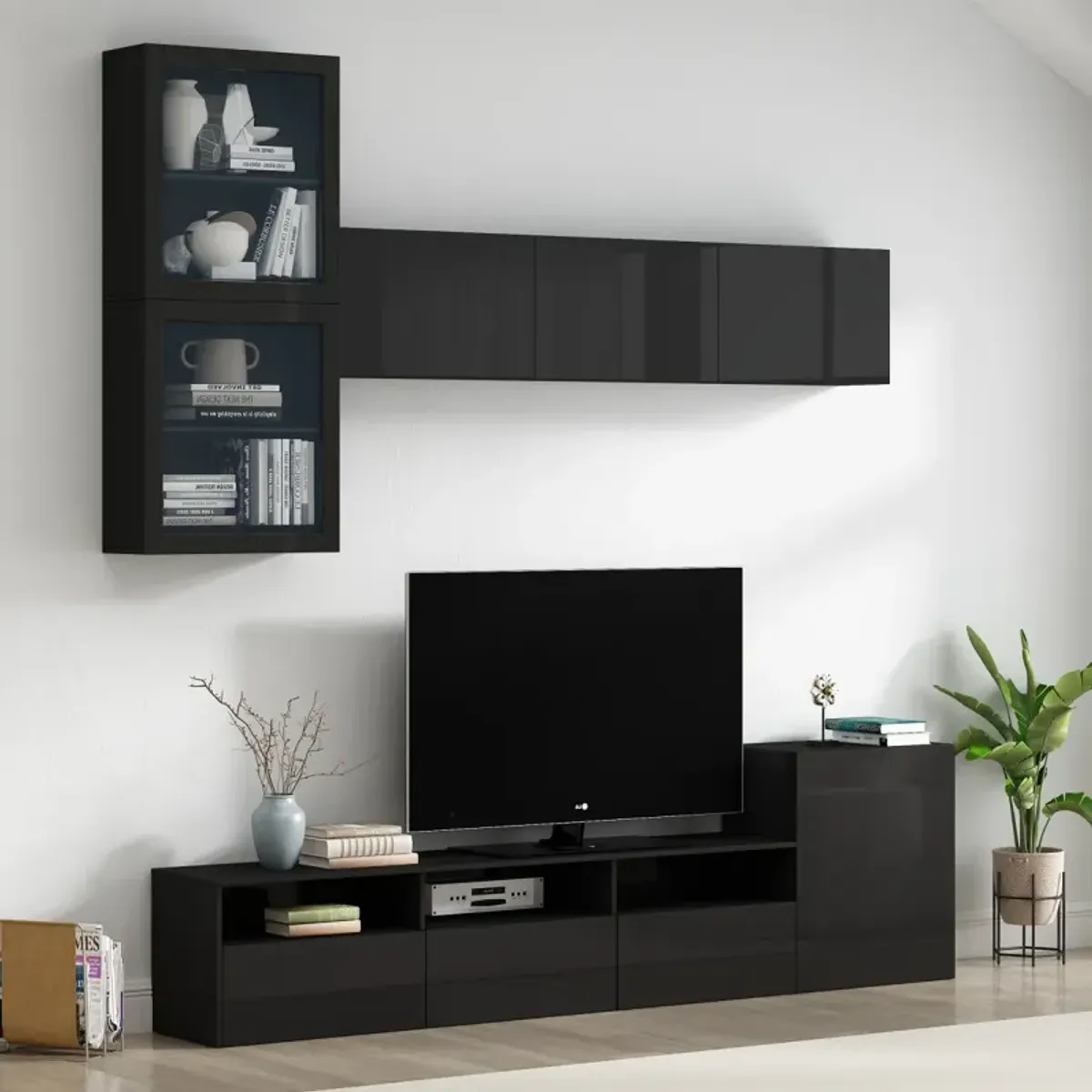 High Gloss TV Stand with Wall Mounted Cabinets