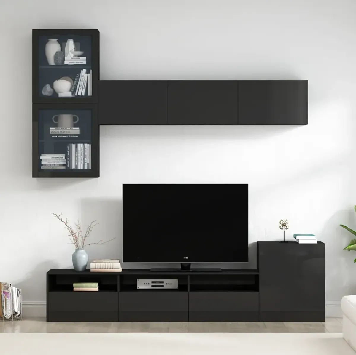 High Gloss TV Stand with Wall Mounted Cabinets