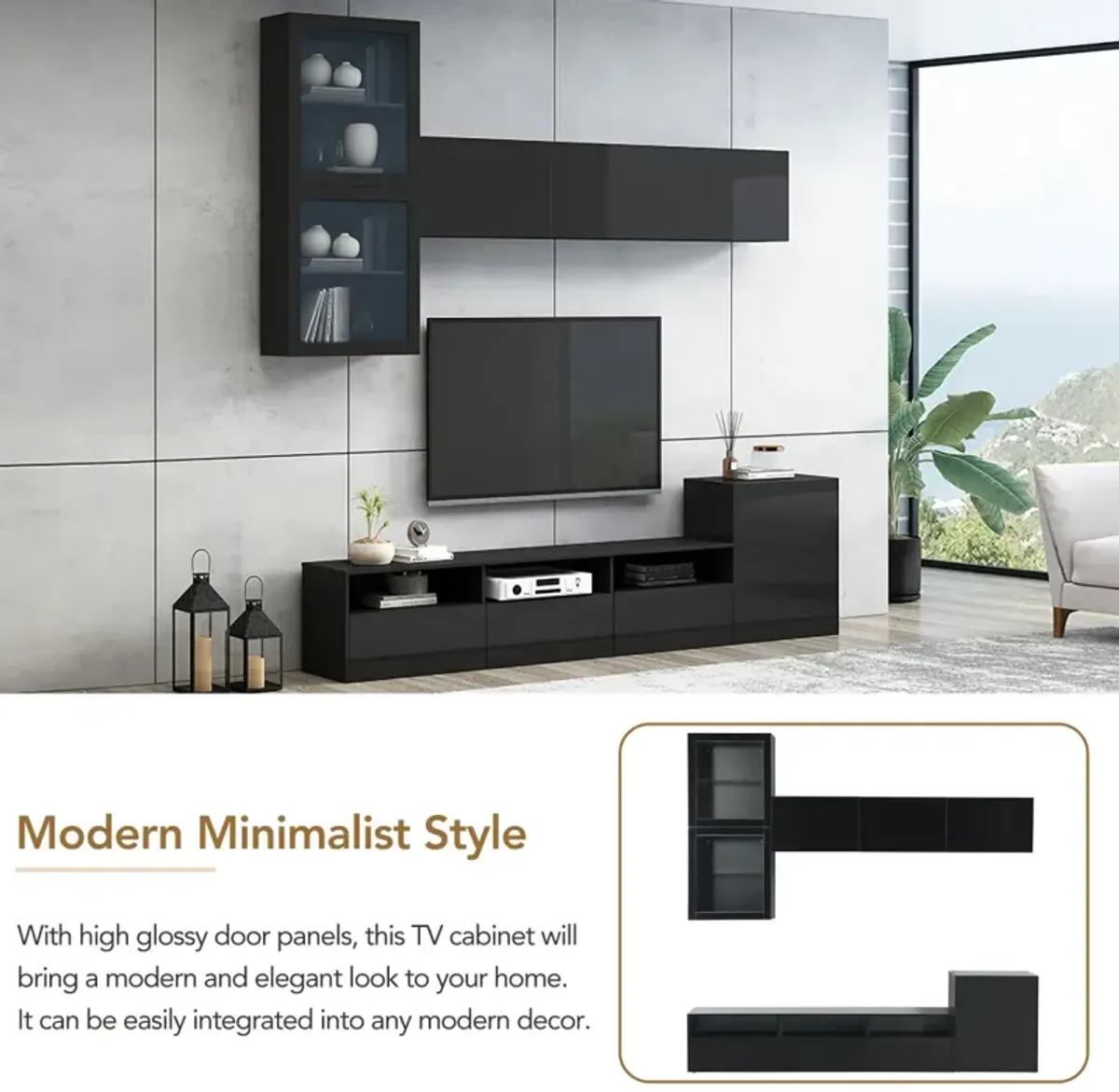 High Gloss TV Stand with Wall Mounted Cabinets