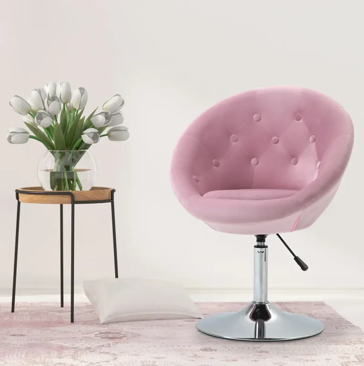 HOMCOM Modern Makeup Vanity Chair Round Tufted Swivel Accent Chair with Chrome Frame Height Adjustable for Living Room, Bedroom Pink