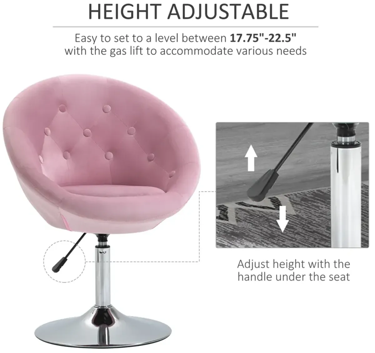 HOMCOM Modern Makeup Vanity Chair Round Tufted Swivel Accent Chair with Chrome Frame Height Adjustable for Living Room, Bedroom Pink