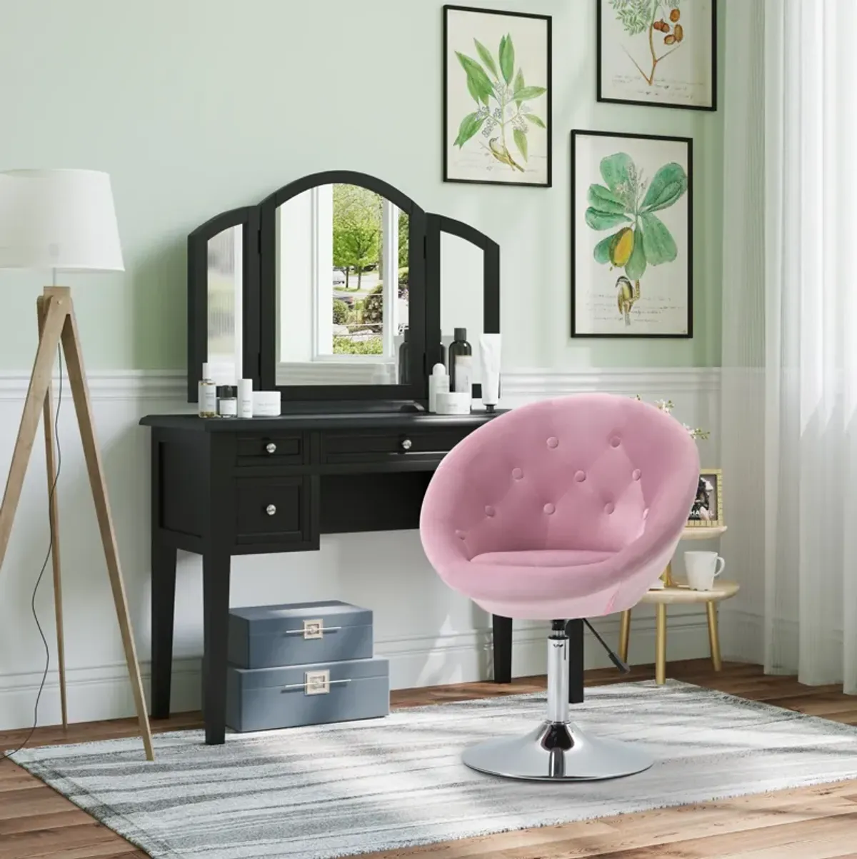 HOMCOM Modern Makeup Vanity Chair Round Tufted Swivel Accent Chair with Chrome Frame Height Adjustable for Living Room, Bedroom Pink