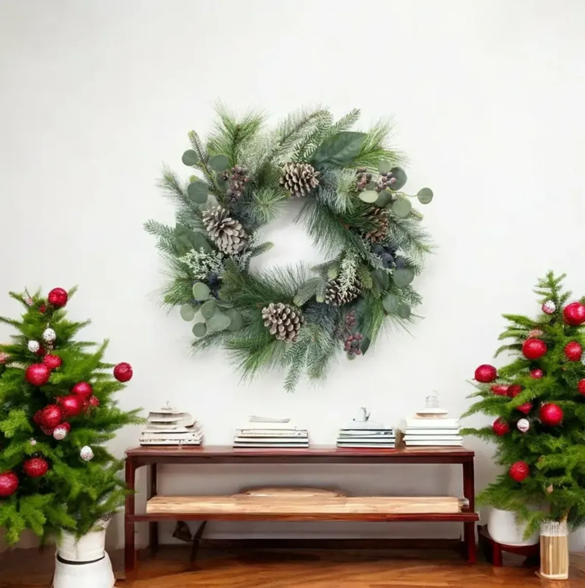 Pine, Berry, and Eucalyptus Wreath Seasonal Decorative Door or Wall Accent for Holiday Decor