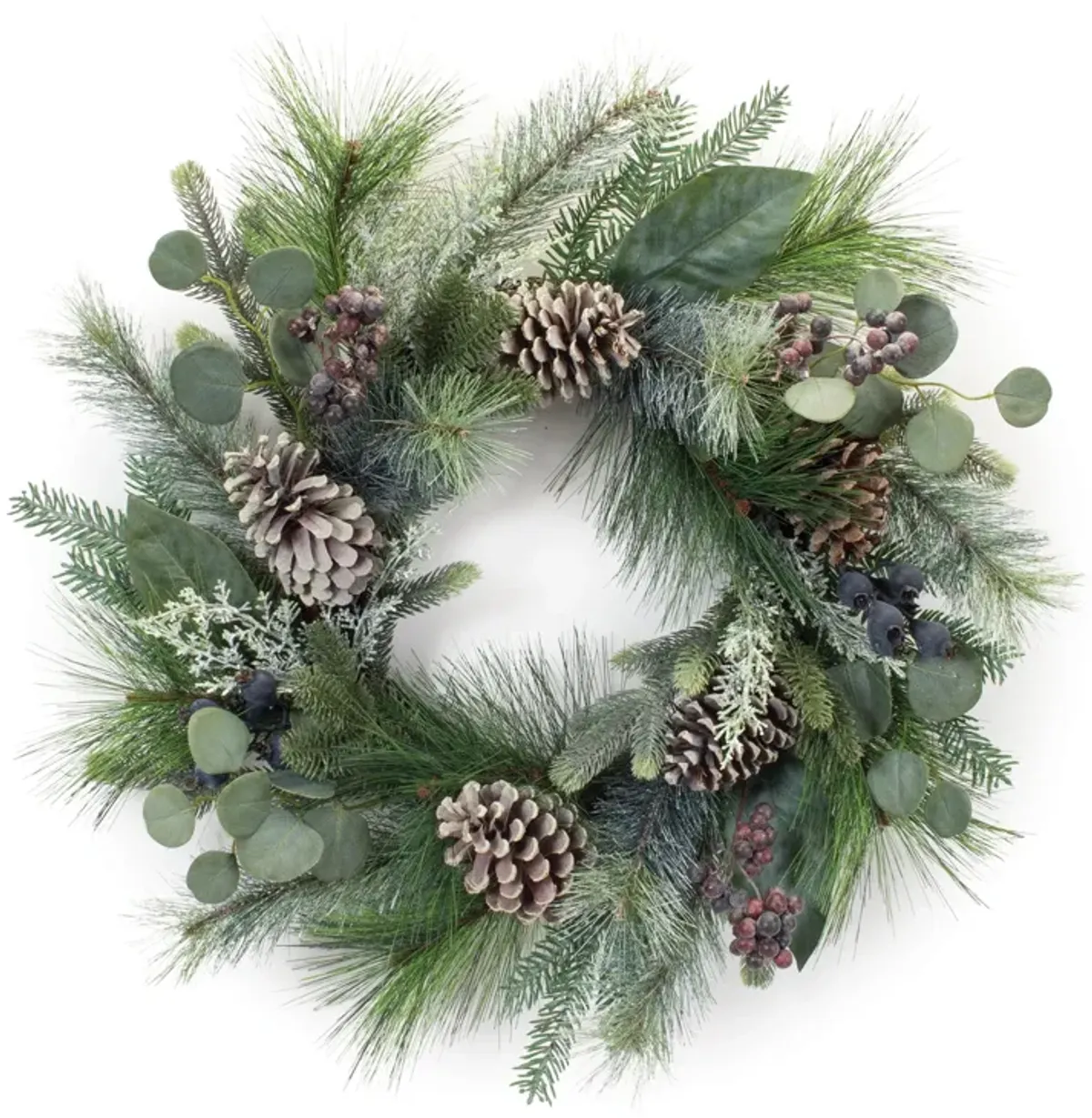 Pine, Berry, and Eucalyptus Wreath Seasonal Decorative Door or Wall Accent for Holiday Decor