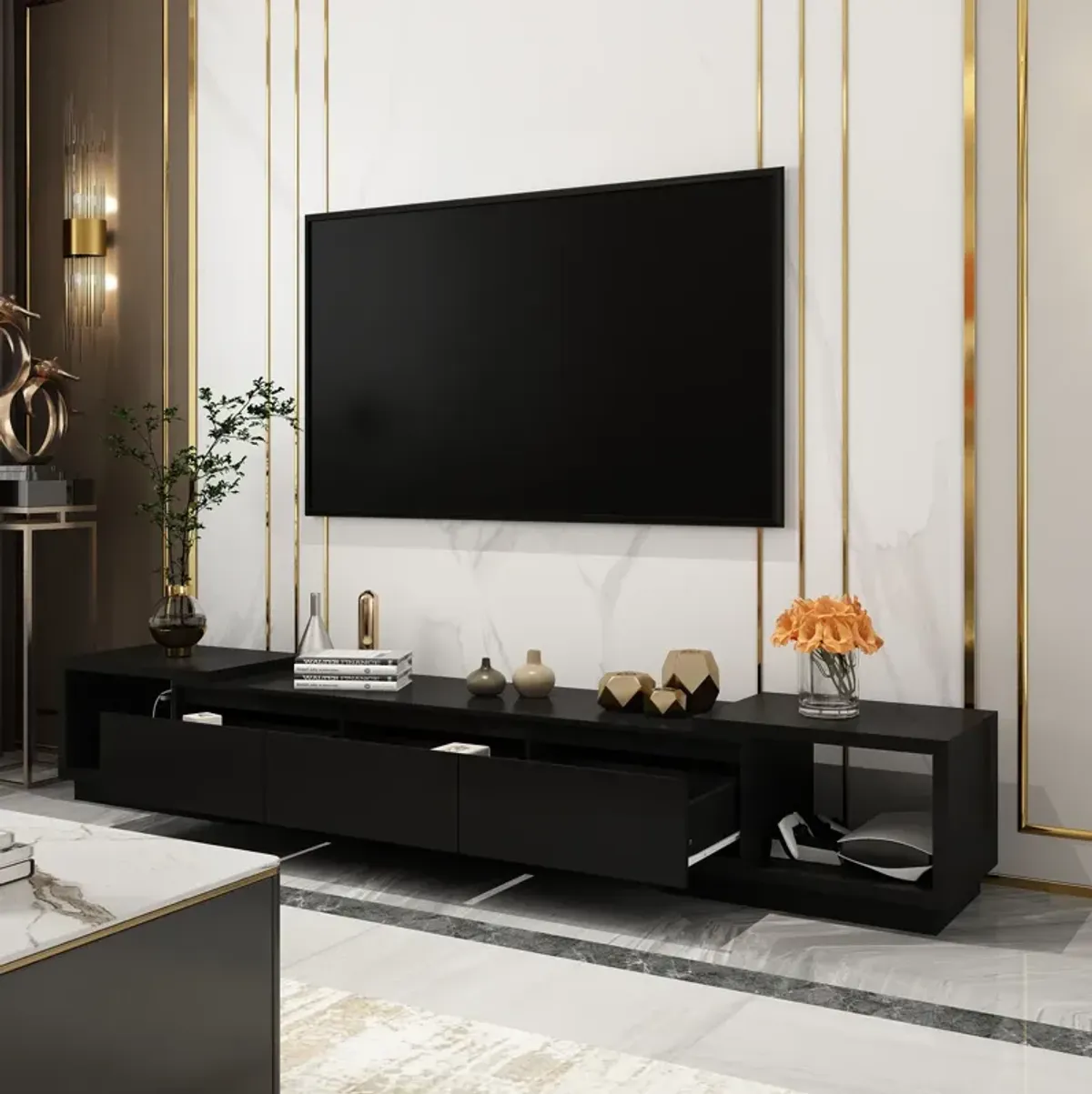 Extendable TV Stand Entertainment Center Black Wood Media Console Fits TV up to 120 in., With Drawers (65.4-106.3"W)