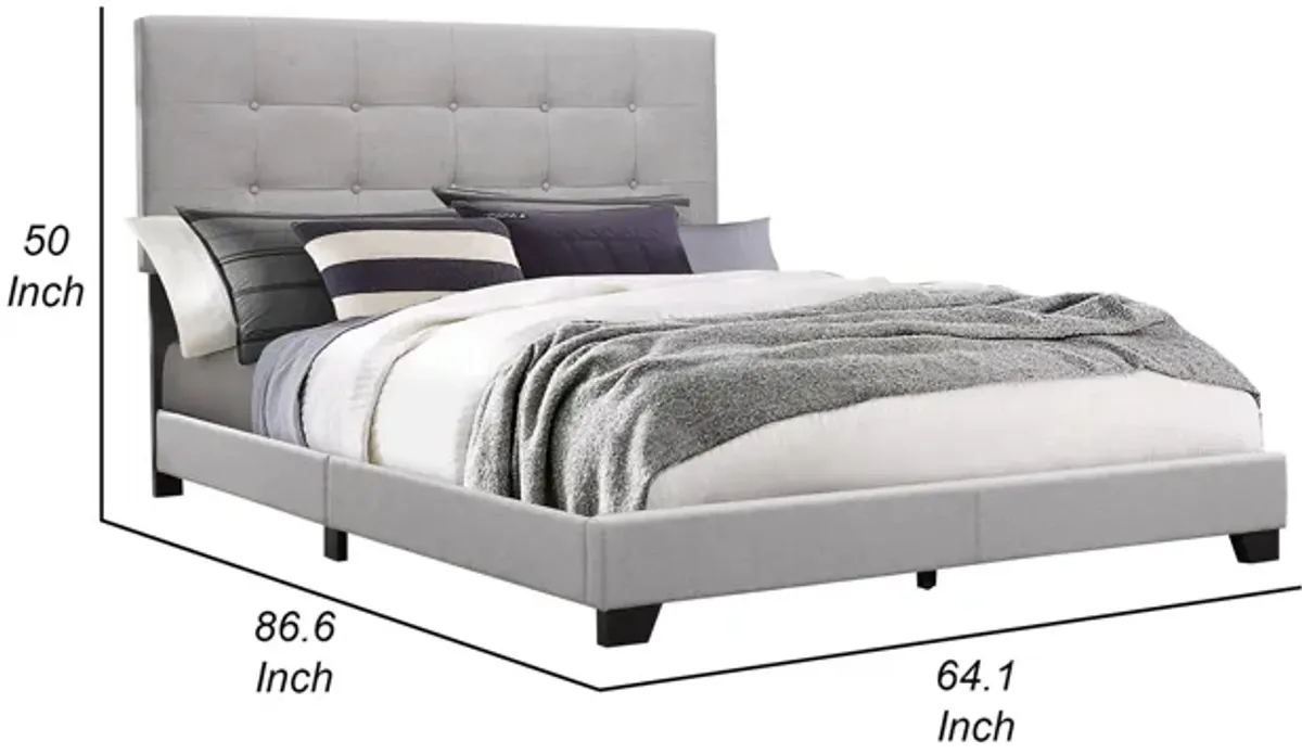 Lawrence Queen Size Bed, Wood Frame, Light Gray Button Tufted Upholstery - Benzara