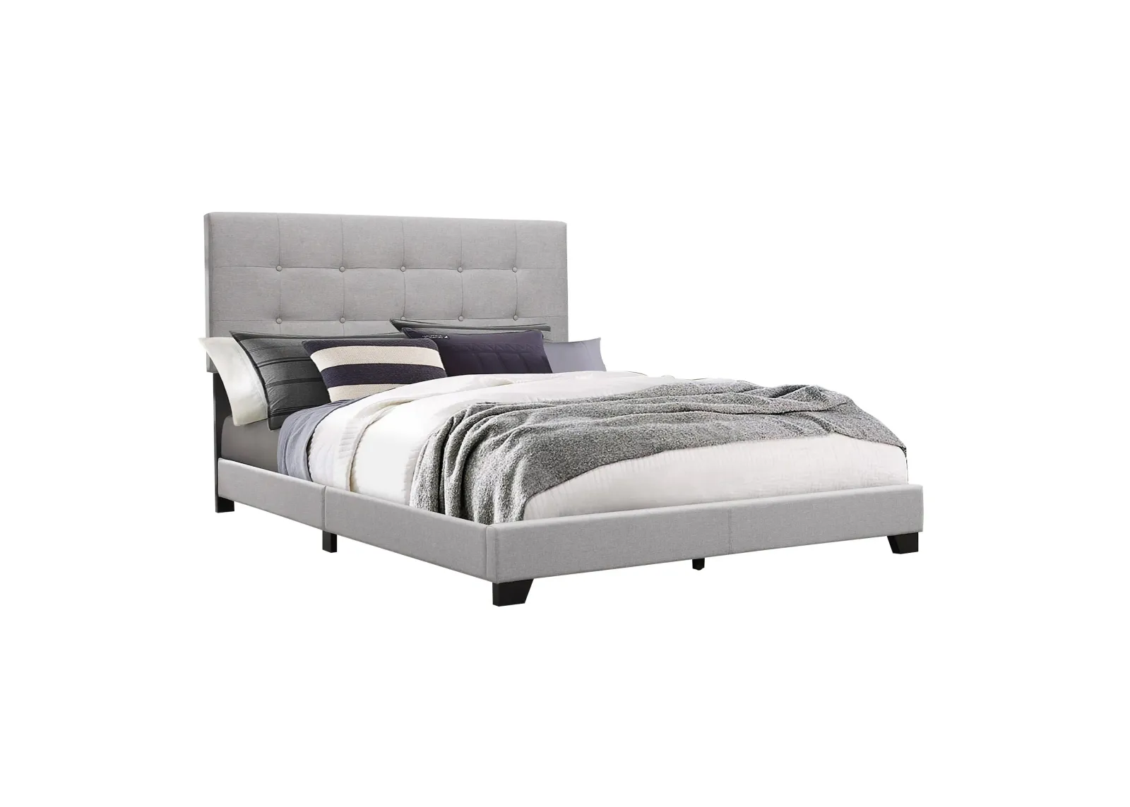 Lawrence Queen Size Bed, Wood Frame, Light Gray Button Tufted Upholstery - Benzara