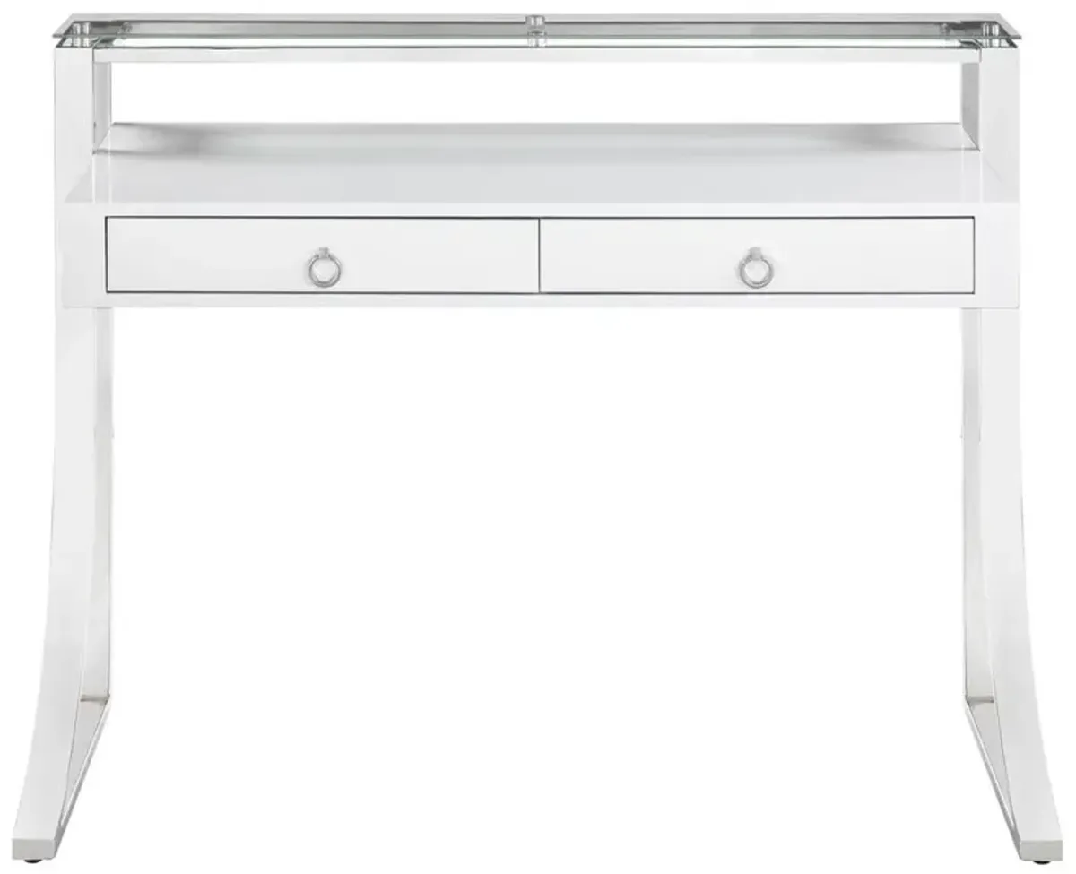 Gemma 2-drawer Writing Desk Glossy White and Chrome