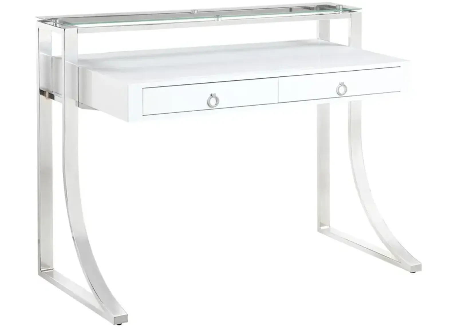 Gemma 2-drawer Writing Desk Glossy White and Chrome