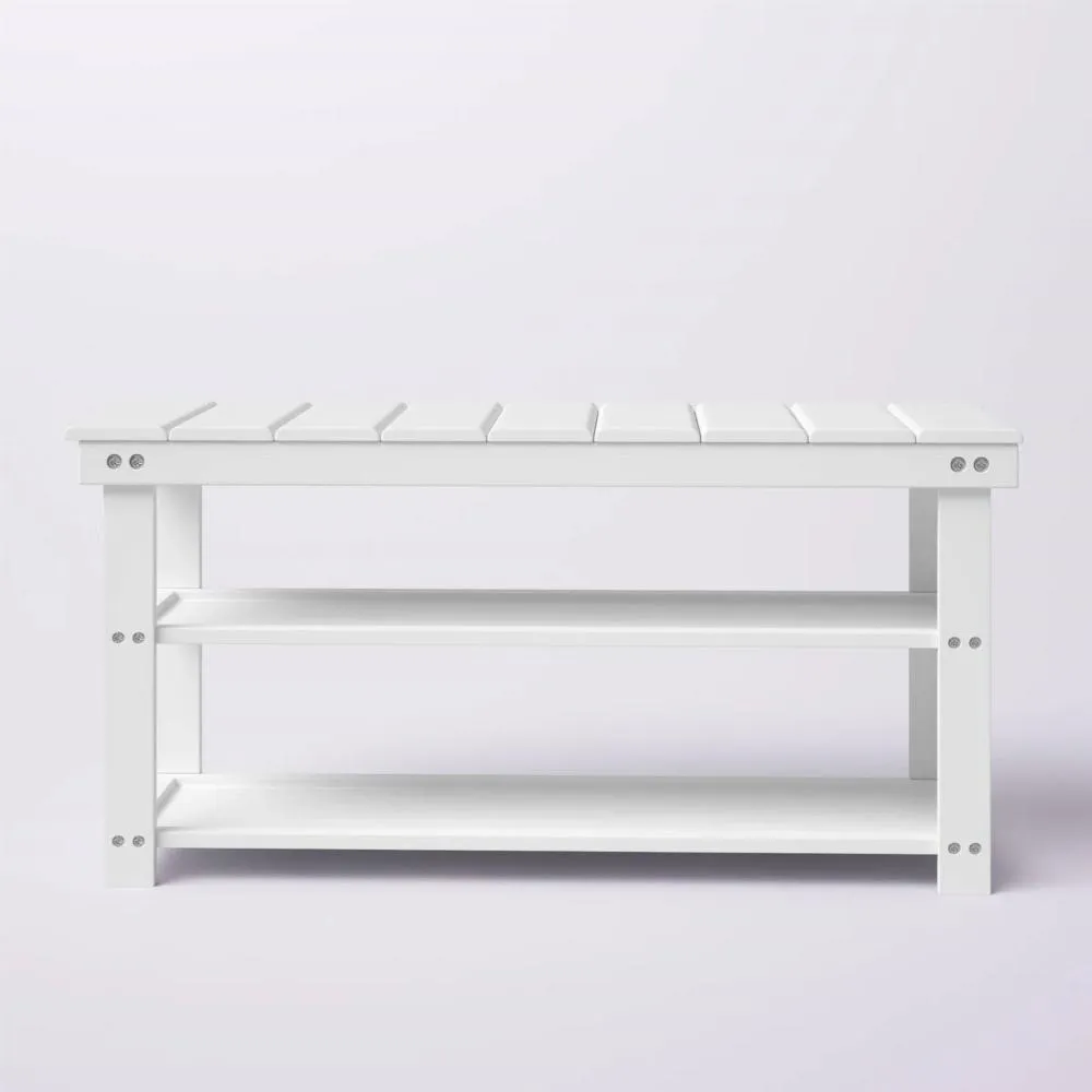 White Slatted Wood 2-Shelf Shoe Rack Storage Bench For Entryway or Closet