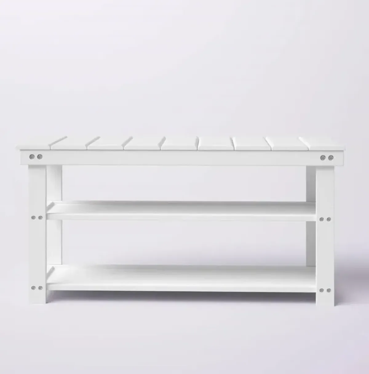 White Slatted Wood 2-Shelf Shoe Rack Storage Bench For Entryway or Closet