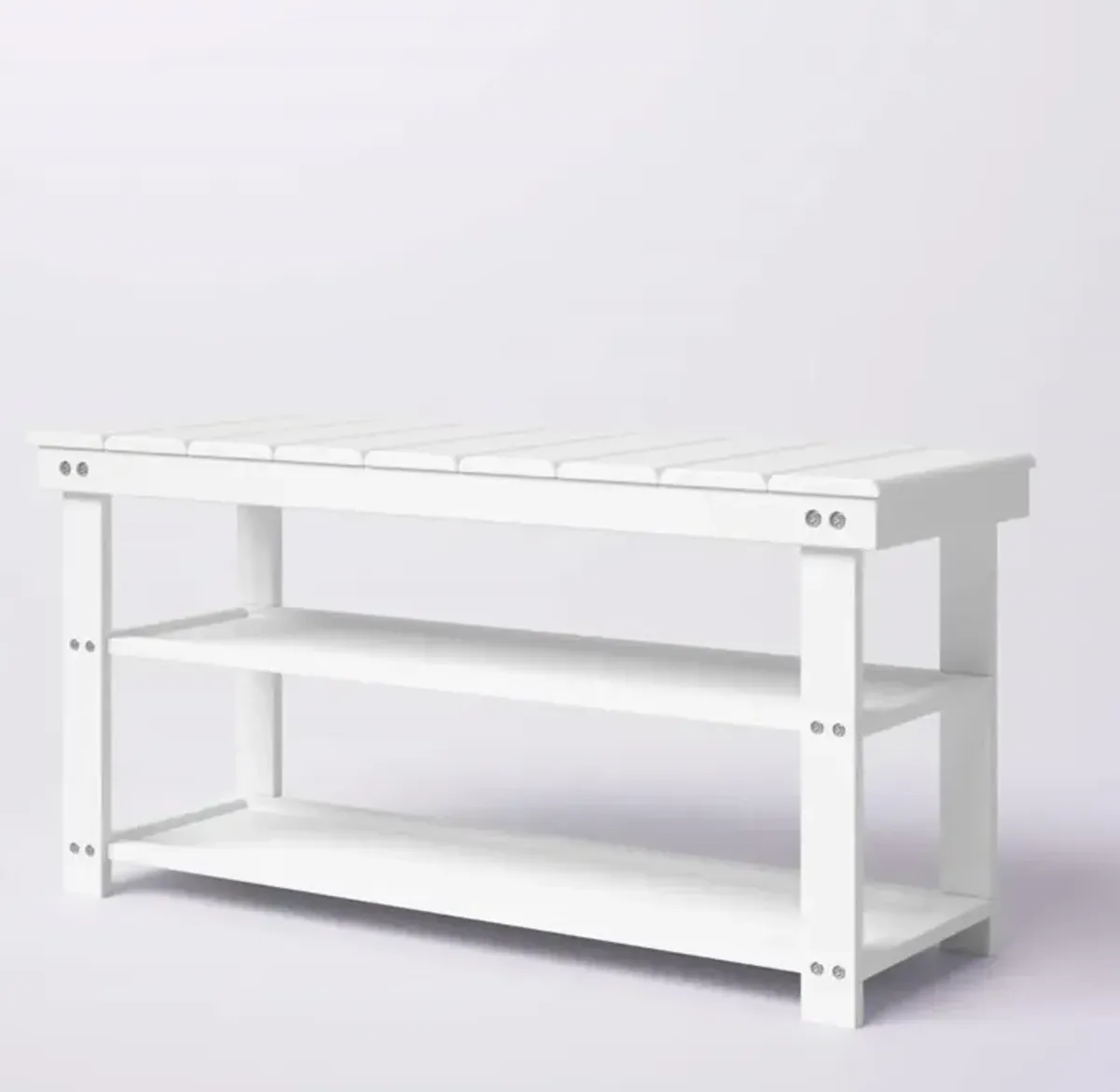 White Slatted Wood 2-Shelf Shoe Rack Storage Bench For Entryway or Closet