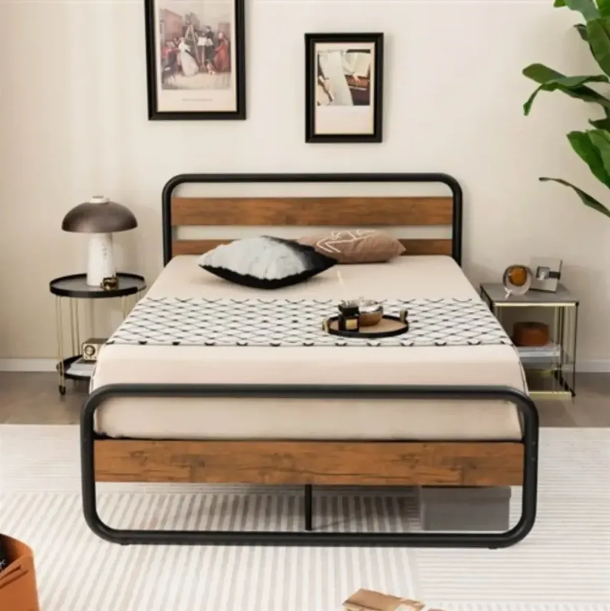 Modern Industrial Bed Frame with Metal Tube Design and Wood Headboard