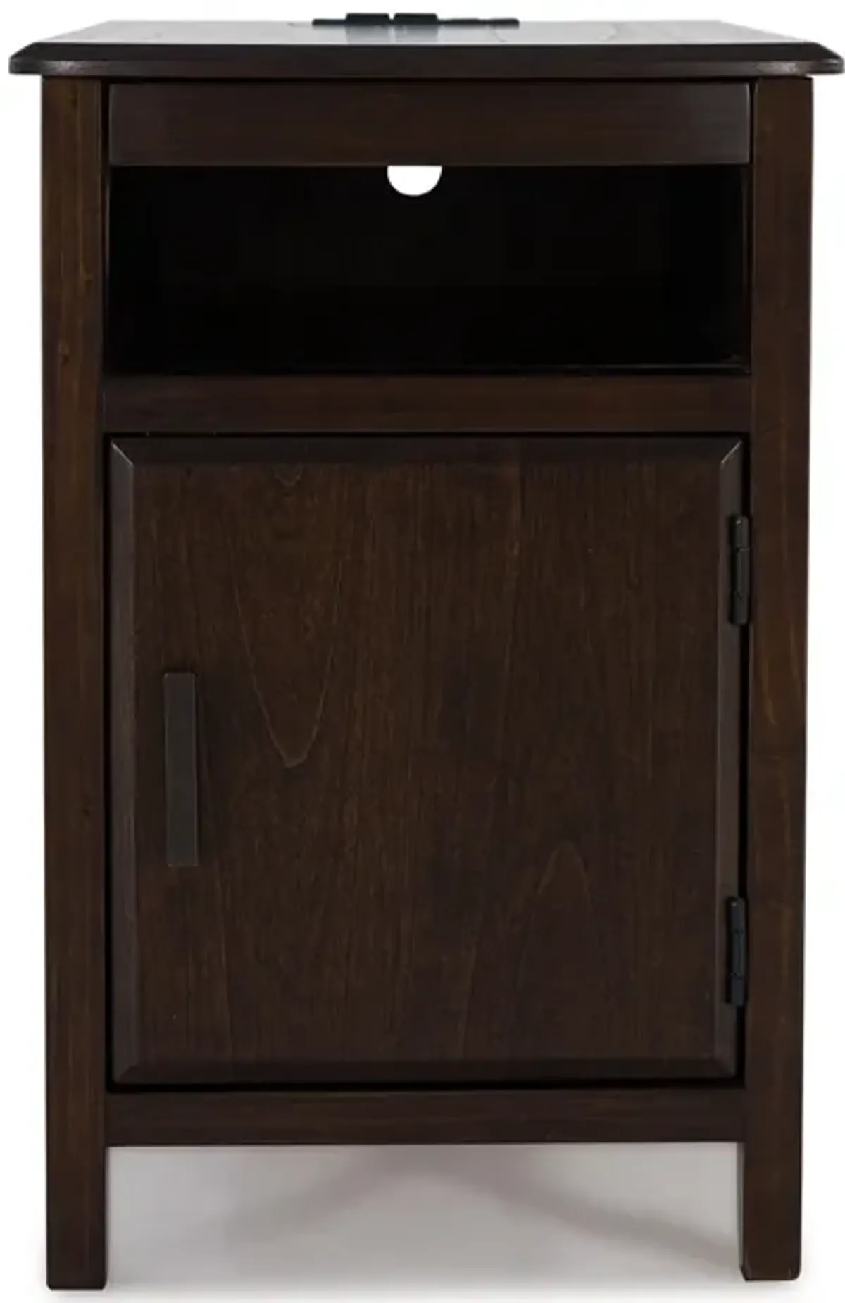 Ley Side End Table w Pull Out Tray and Cabinet, 25 Inch Dark Brown - Benzara