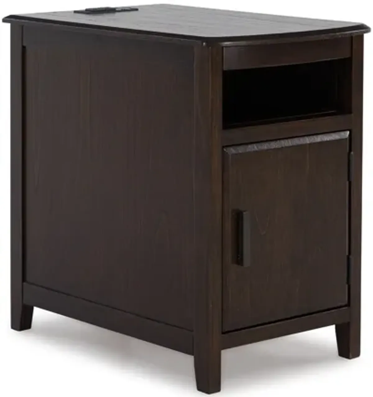 Ley Side End Table w Pull Out Tray and Cabinet, 25 Inch Dark Brown - Benzara