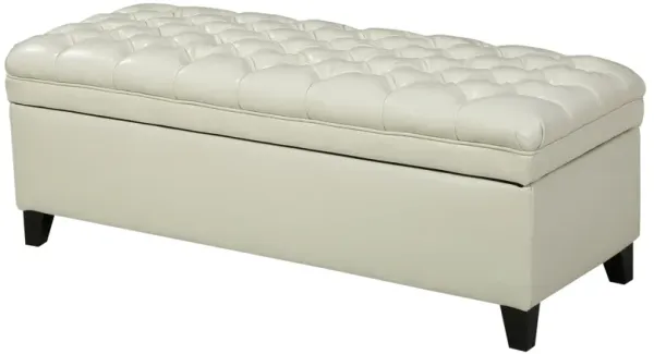 Rhya Storage Ottoman Bench, Ivory Faux Leather, Brown Wood, 50 Inch - Benzara
