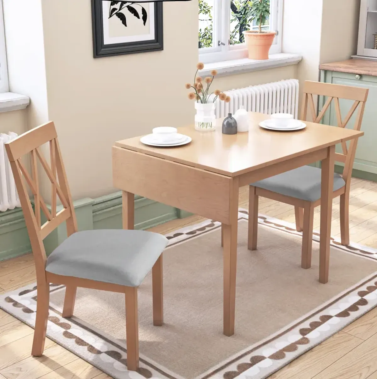 Merax Extendable Dining Table and 2 Upholstered Chairs Dining Set