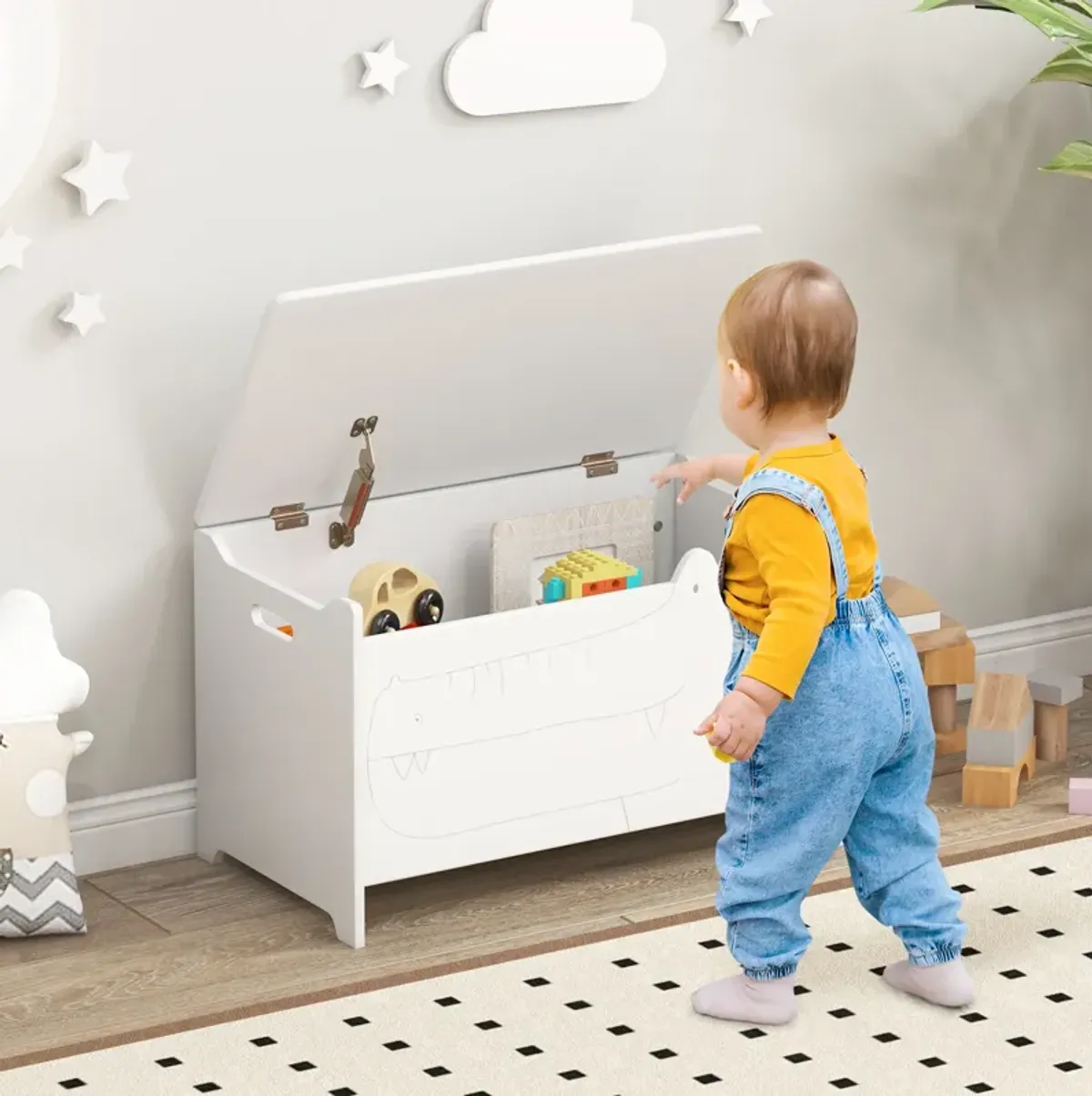 Wooden Kids Toy Box with Safety Hinge