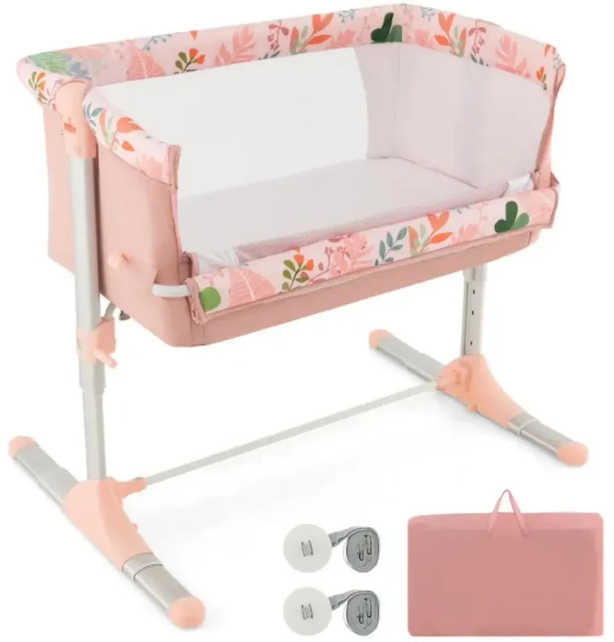 Folding Baby Bassinet Bedside Sleeper with 4 Adjustable Heights-Pink