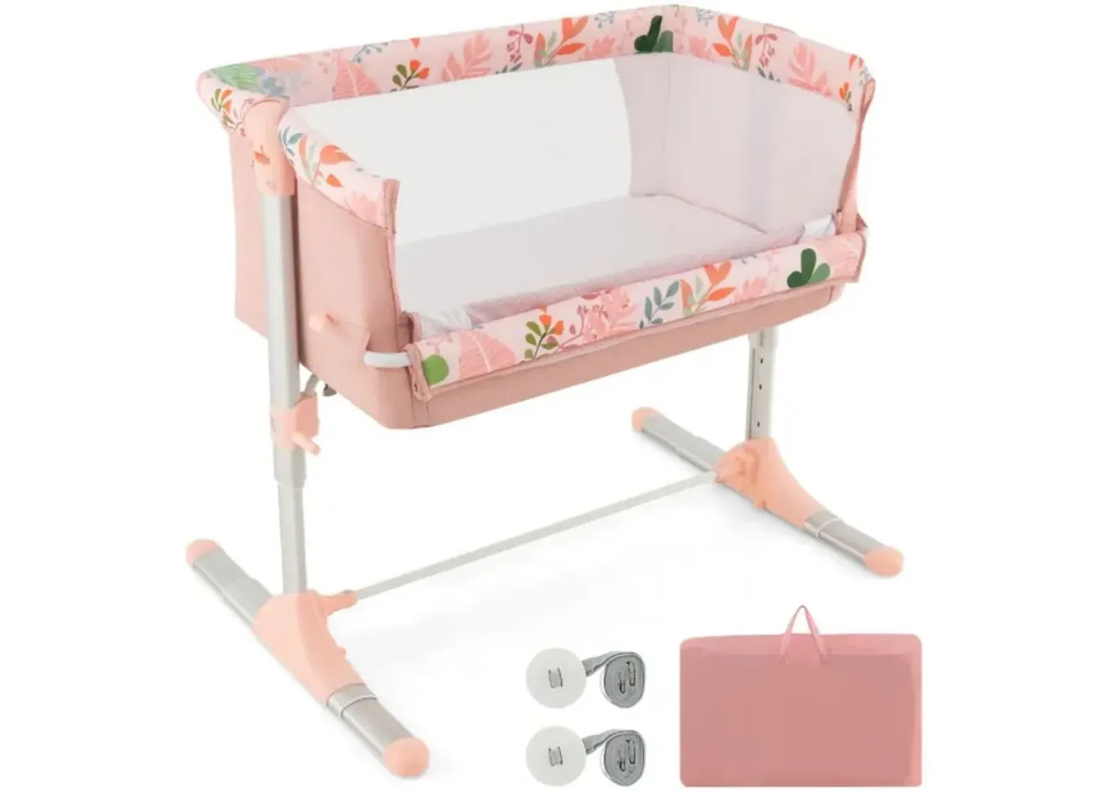 Folding Baby Bassinet Bedside Sleeper with 4 Adjustable Heights-Pink