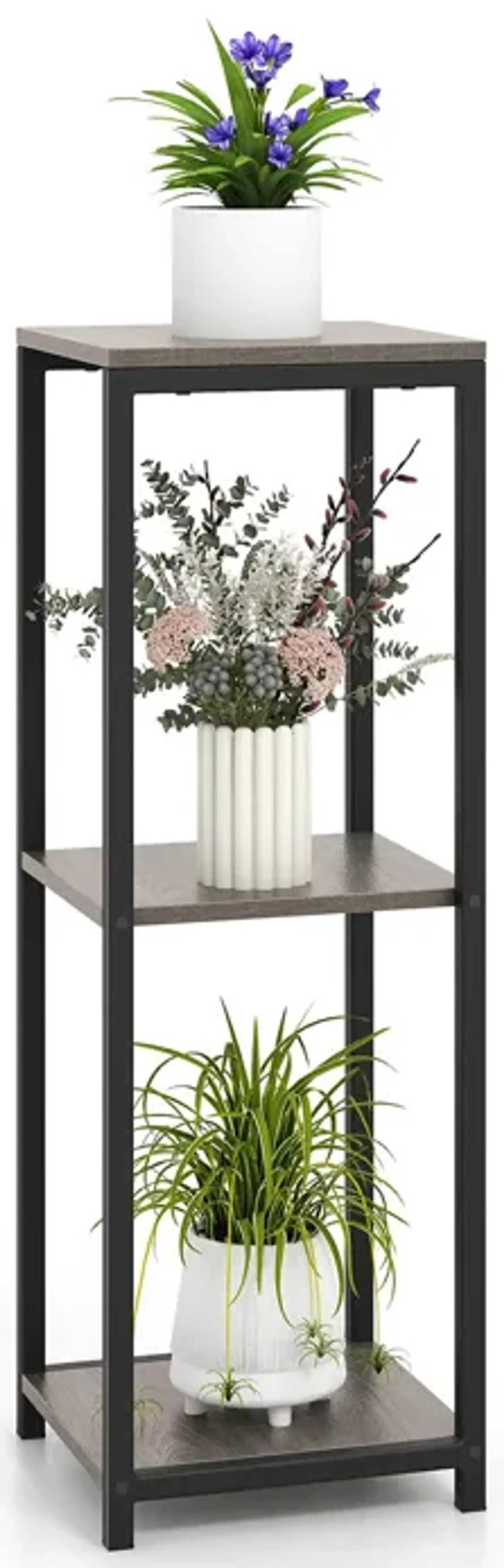 3-Tier Tall Metal Plant Stand Corner Plant Holder with Anti-tipping Device-Black & Gray