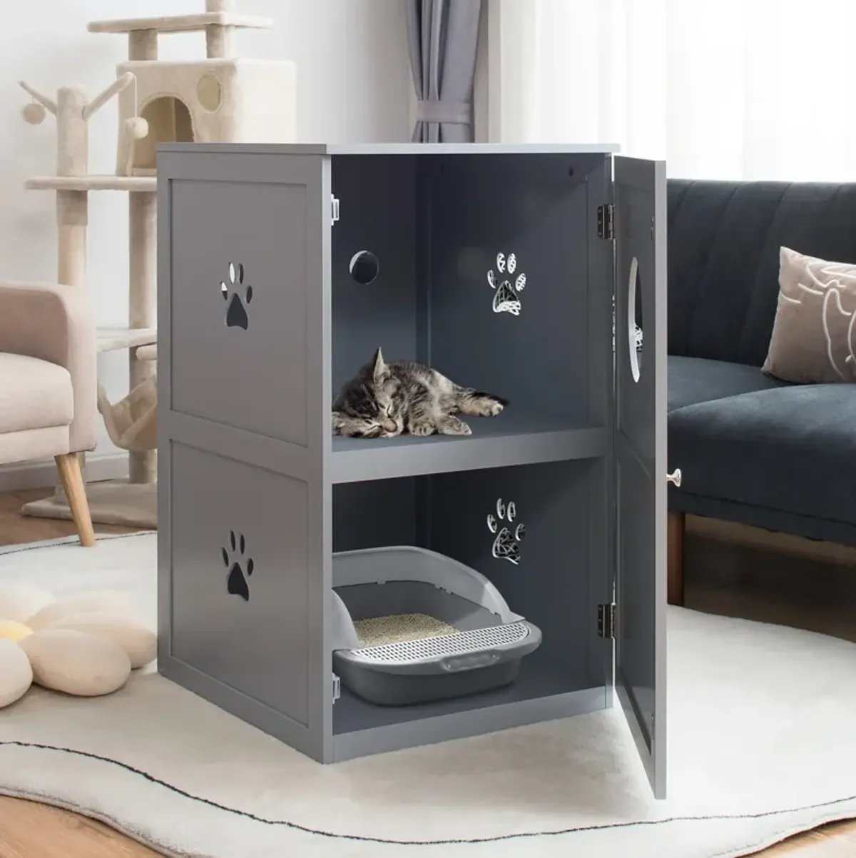 2-tier Litter Hidden Cat House With Anti-toppling Device