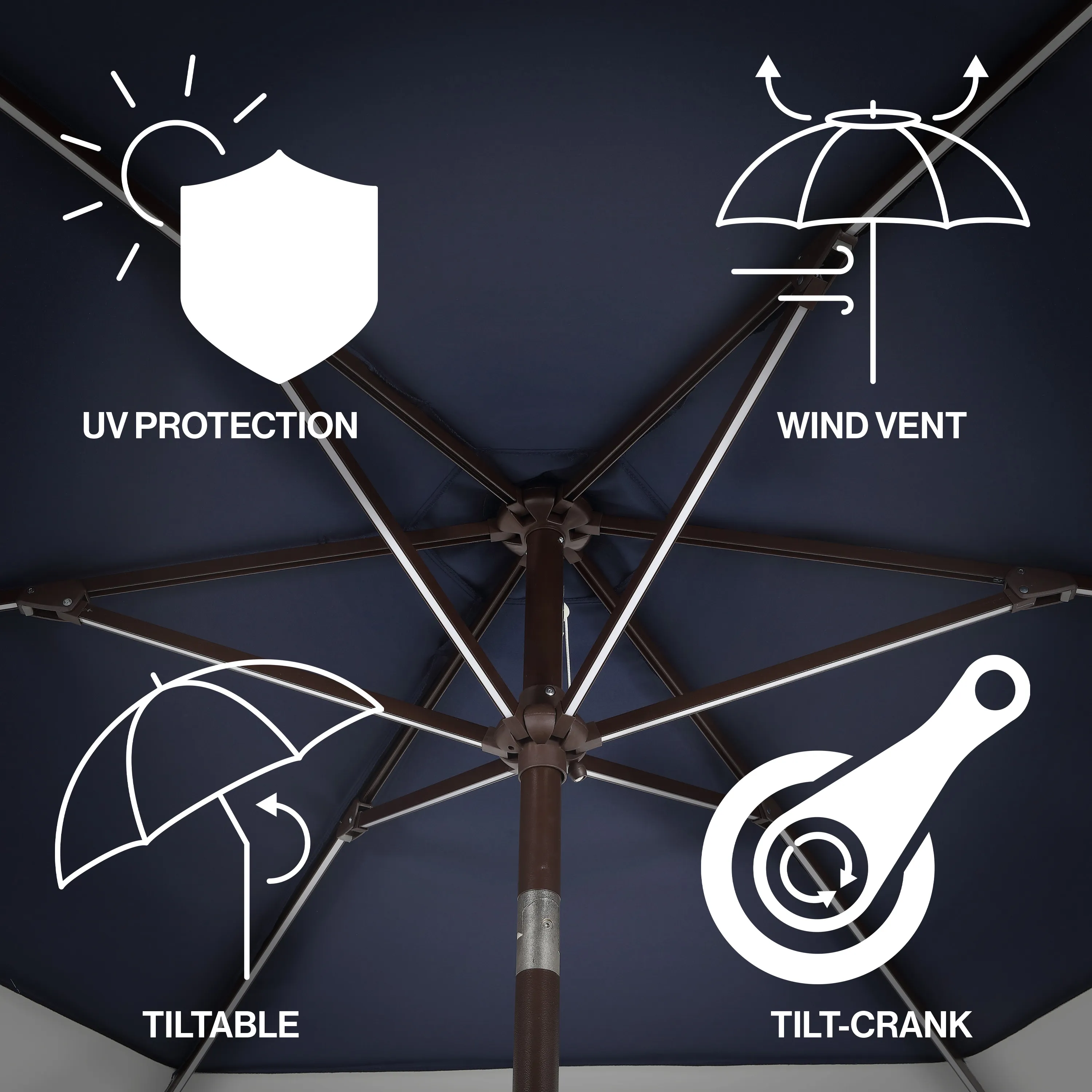 Spencer Classic Coastal 2-Tone Solar LED Market Patio Umbrella with 12 LED Strip Lights, Auto-Tilt, Crank and UV Protection