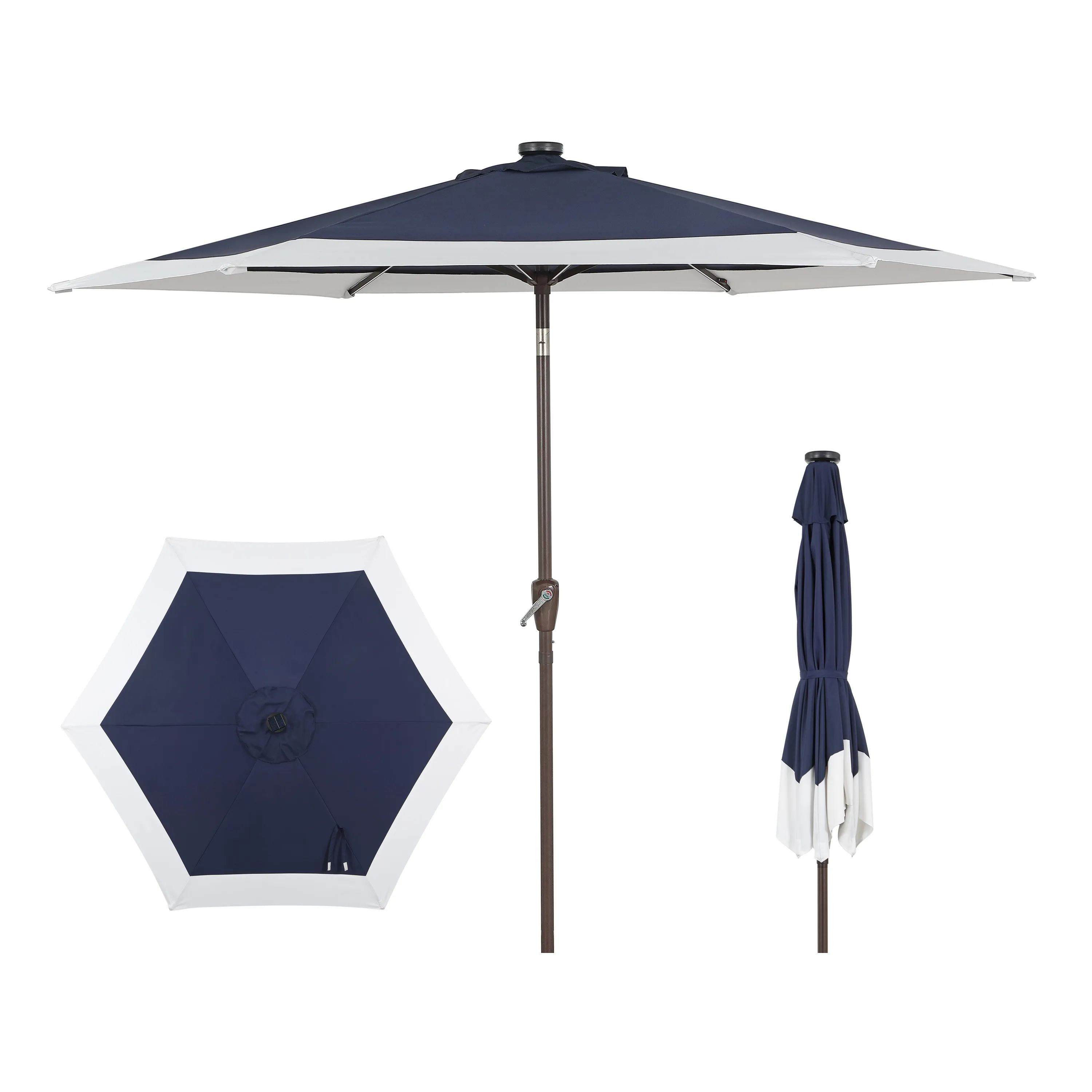 Spencer Classic Coastal 2-Tone Solar LED Market Patio Umbrella with 12 LED Strip Lights, Auto-Tilt, Crank and UV Protection