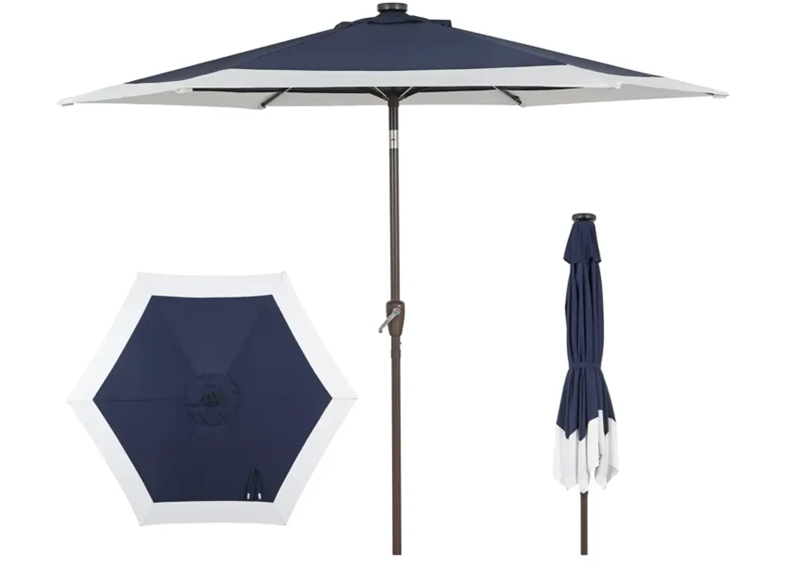 Spencer Classic Coastal 2-Tone Solar LED Market Patio Umbrella with 12 LED Strip Lights, Auto-Tilt, Crank and UV Protection